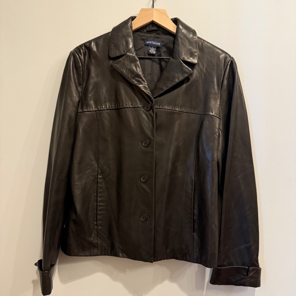 Ann Taylor Genuine Leather Jacket - black - size Large